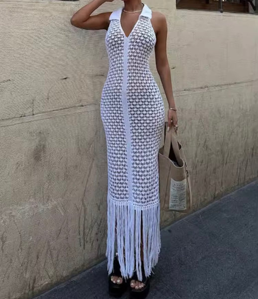 Women Sexy Halter Sleeveless Knitted Tassel Maxi Dress