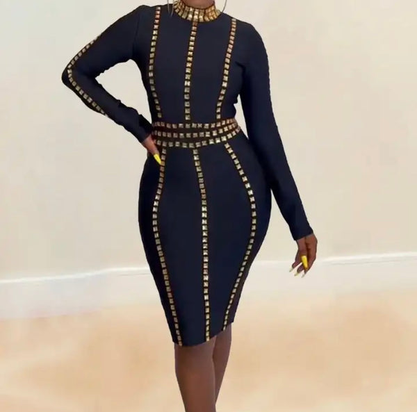 Women Sexy Full Sleeve Black Gold Rivet Patchwork Dress