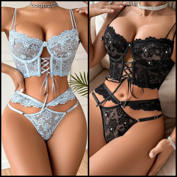 Women Sexy Floral Lace Tie Up Lingerie Set