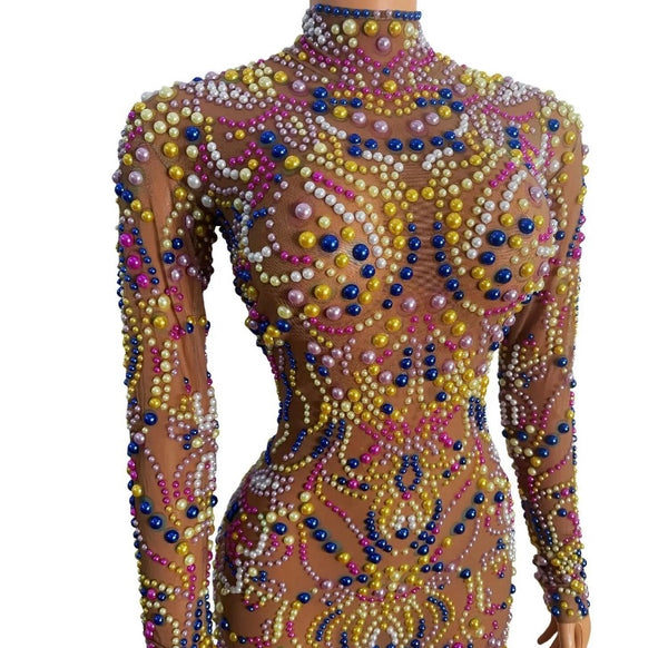 Women Sexy Full Sleeve Colorful Beaded Mesh Dress