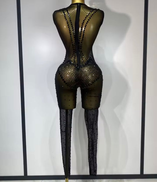 Women Sexy Sleeveless See Through Chain Rhinestone Jumpsuit