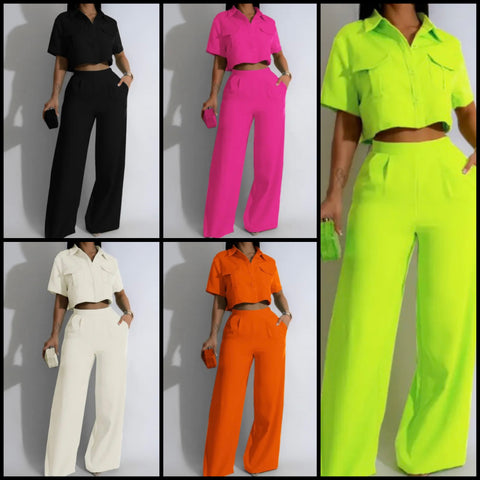 Women Button Up Short Sleeve Fashion Two Piece Pant Set