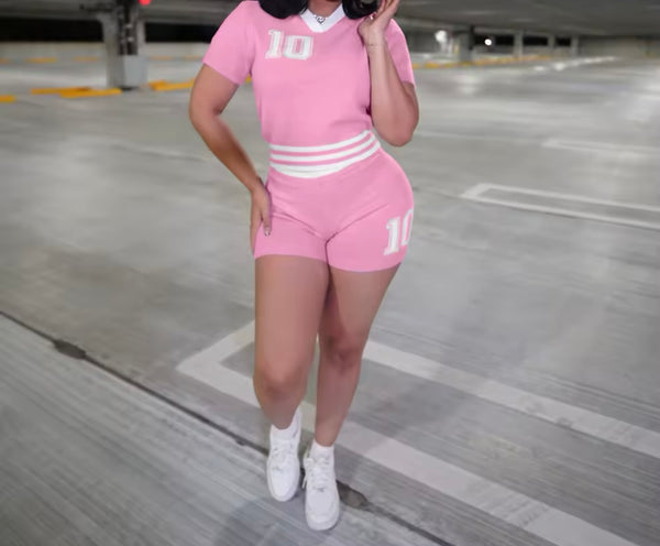 Women Fashion Number Short Sleeve Color Patchwork Two Piece Short Set