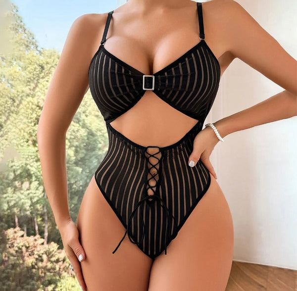 Women Black Sexy Sleeveless Striped Cut Out Bodysuit Lingerie