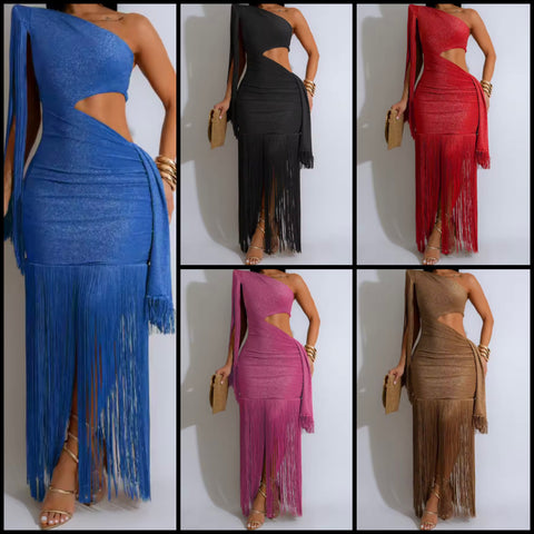 Women Sexy One Shoulder Cut Out Fringe Tassel Maxi Dress