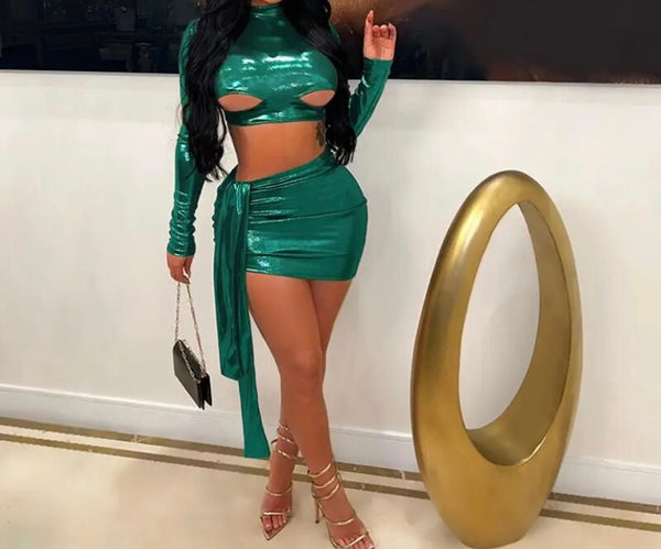 Women Sexy Green PU Full Sleeve Crop Two Piece Skirt Set