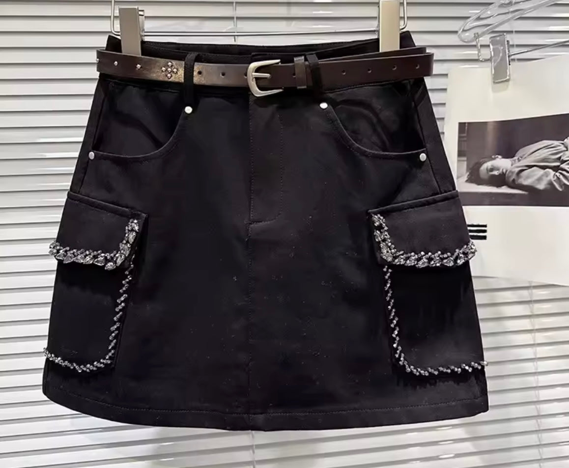 Women Fashion Beaded Bling Pocket Skirt