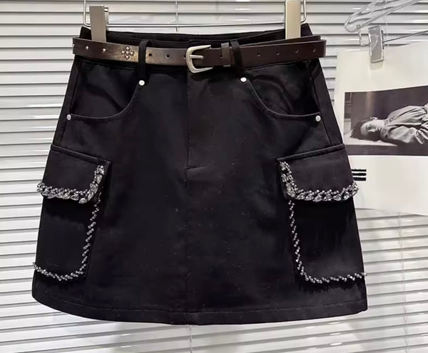 Women Fashion Beaded Bling Pocket Skirt