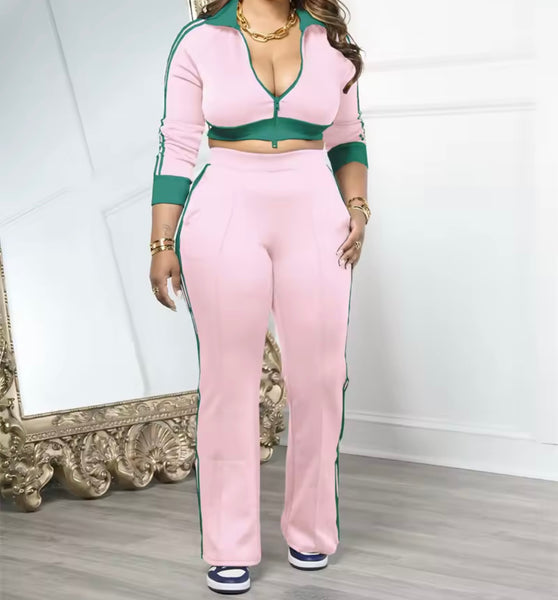 Women Color Fashion Full Sleeve Striped Tracksuit Two Piece Pant Set