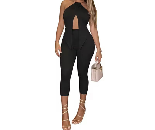 Women Sexy Metal Halter Two Piece Capri Pant Set