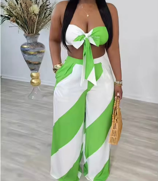 Women Sexy Tie Up Strapless Color Patchwork Two Piece Pant Set