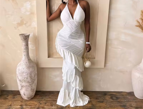 Women Sexy Halter Sleeveless Ruffled Maxi Dress