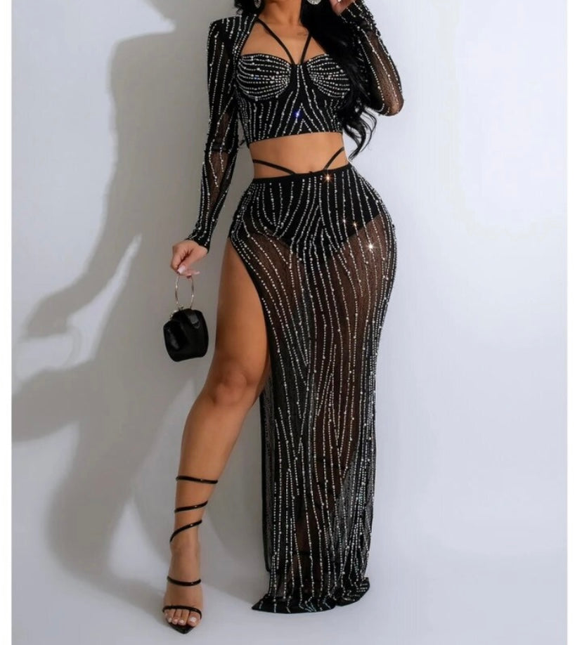 Women Sexy Full Sleeve Bling Mesh Two Piece Maxi Skirt Set