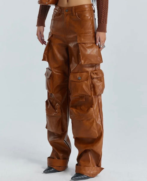 Women Fashion Faux Leather Cargo Pants