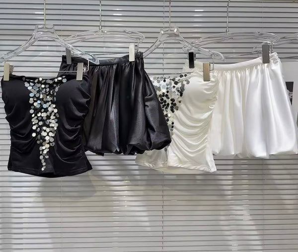 Women Sexy Strapless Sequins Patchwork Two Piece Skirt Set