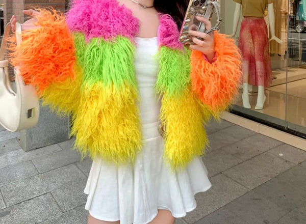 Women Fashion Multicolored Faux Fur Jacket