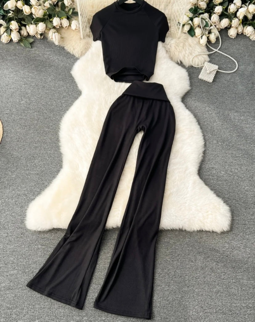 Women Fashion Ribbed Solid Color Short Sleeve Two Piece Pant Set