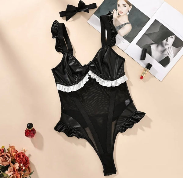 Women Sexy B&W Ruffled Mesh PU Patchwork Bodysuit Lingerie