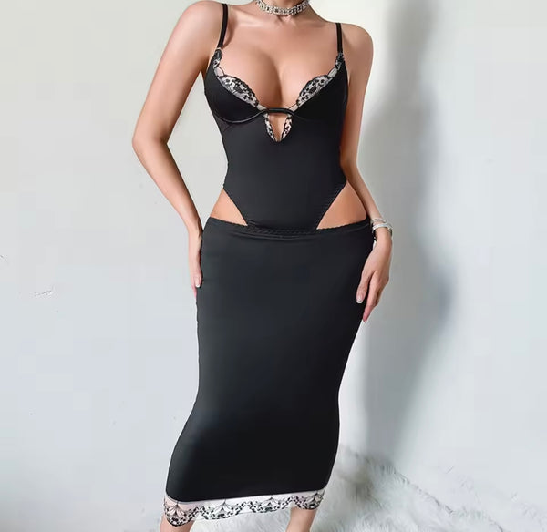 Women Sexy Black Lace Patchwork Bodysuit Lingerie Set