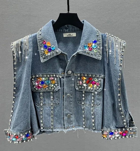 Women Fashion Pearl Rhinestone Denim Jacket