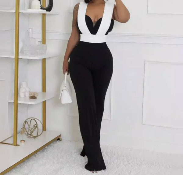 Women B&W Sexy Sleeveless Jumpsuit