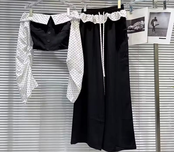 Women Fashion Polka Dot Off The Shoulder Full Sleeve Two Piece Pant Set
