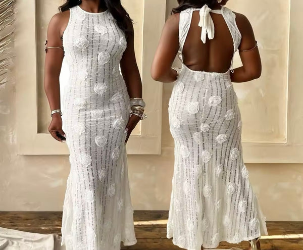 Women Sexy Sleeveless Solid Color Floral Maxi Dress