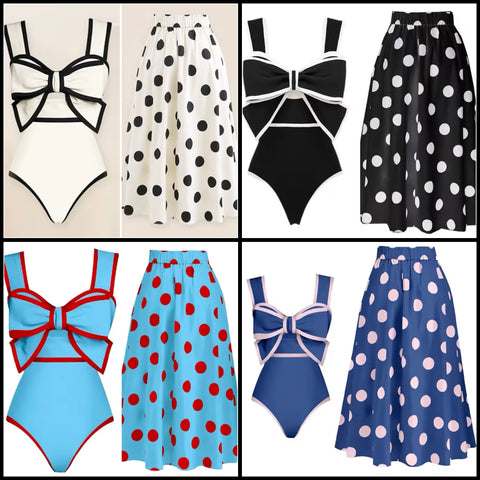 Women Fashion Bow Color Patchwork Polka Dot Swimsuit Cover Up Set