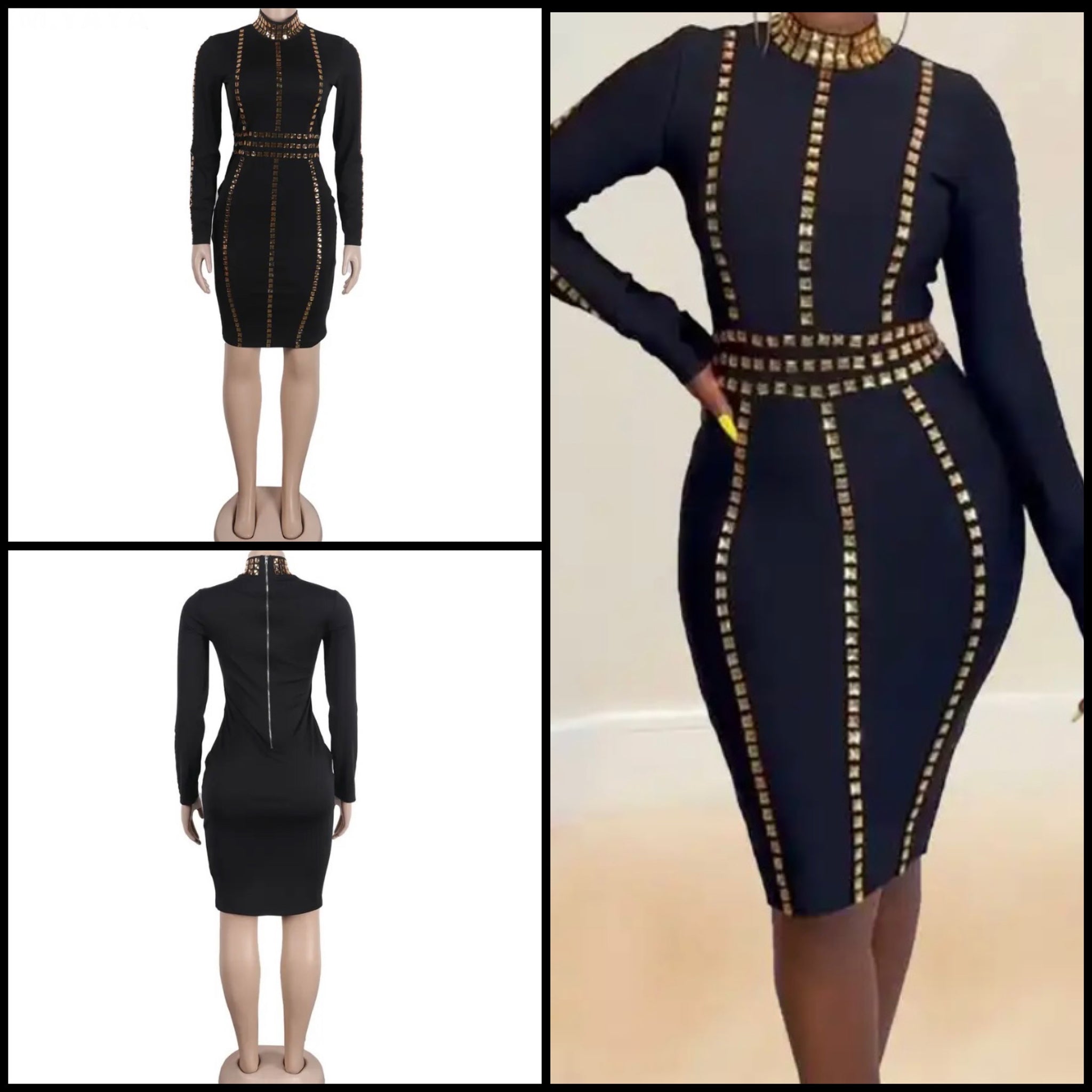Women Sexy Full Sleeve Black Gold Rivet Patchwork Dress