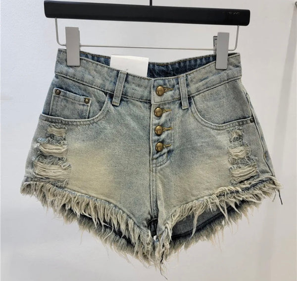 Women Ripped Fringe Button Up Denim Shorts