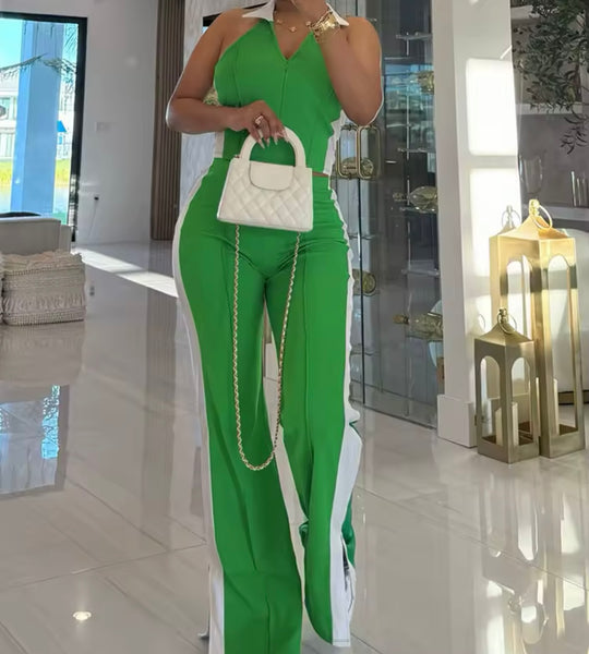 Women Color Fashion Sleeveless Zip Up Tracksuit Two Piece Pant Set