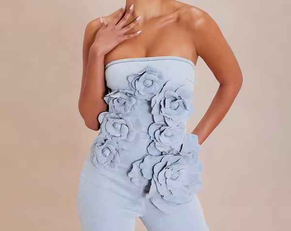 Women Fashion Strapless 3D Floral Denim Jumpsuit