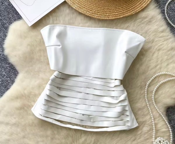 Women Strapless PU Ripped Fashion Crop Top