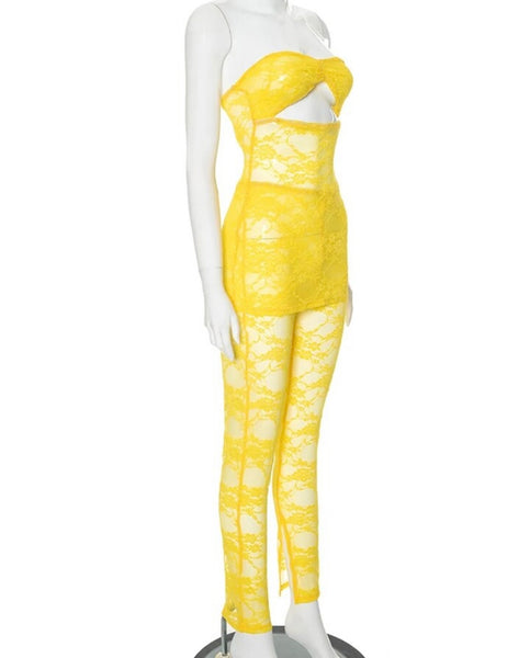 Women Sexy Yellow Sleeveless Lace Two Piece Pant Set