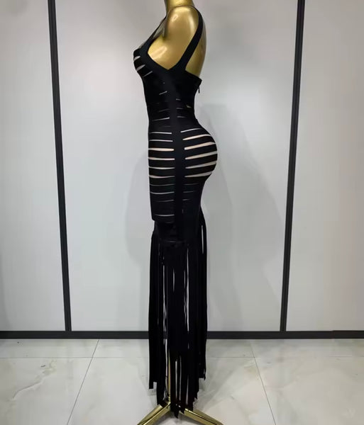 Women Sexy Black Sleeveless Fringe Tassel Bandage Maxi Dress