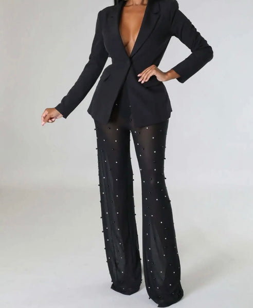 Women Sexy Black Full Sleeve Blazer Two Piece Beaded Mesh Pant Set