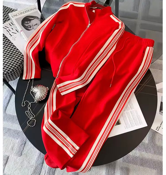 Women Zip Up Striped Fashion Tracksuit Two Piece Pant Set
