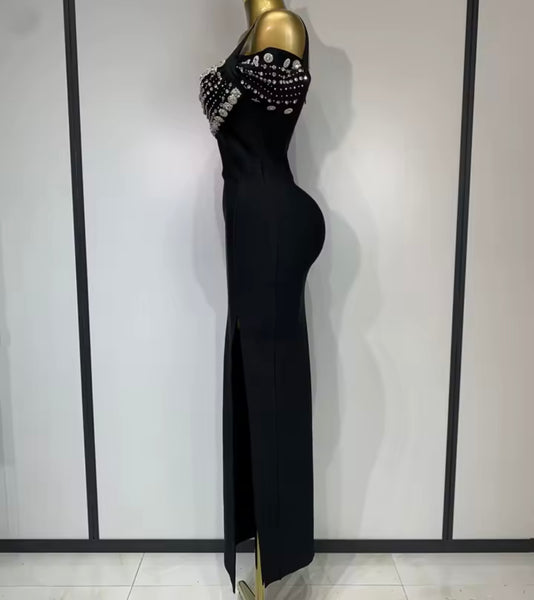 Women Sleeveless Rhinestone Crystal Black Bandage Maxi Dress