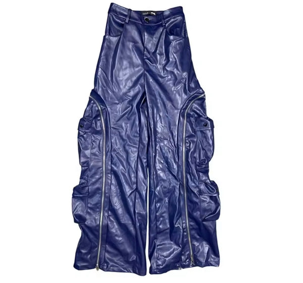 Women Fashion Color Zipper Cargo Faux Leather Pants