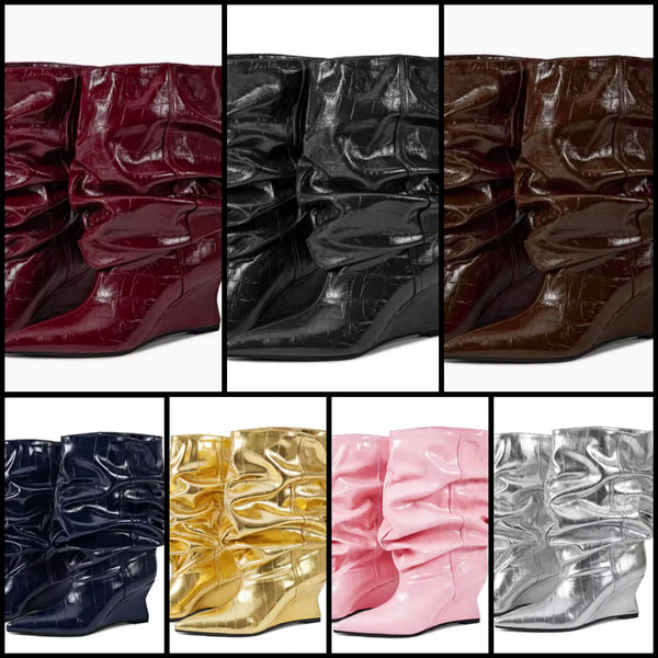 Women Pointed Toe Ruched Fashion Faux Leather Platform Ankle Boots