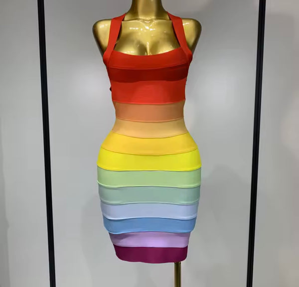Women Sleeveless Open Back Striped Rainbow Bandage Dress