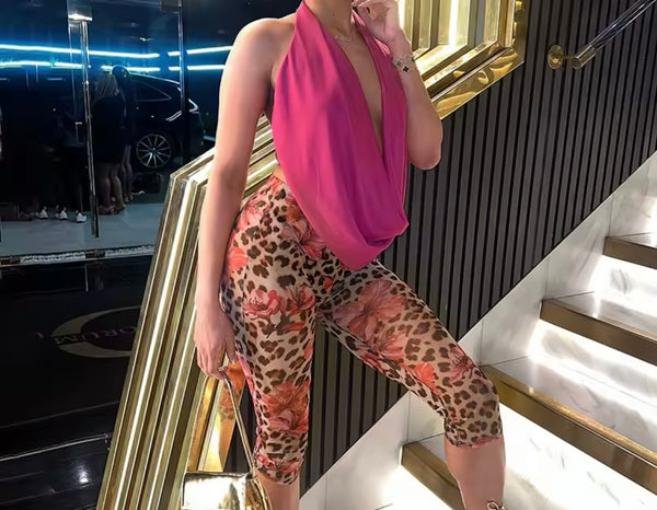 Women Sexy Sleeveless Two Piece Leopard Print Pant Set