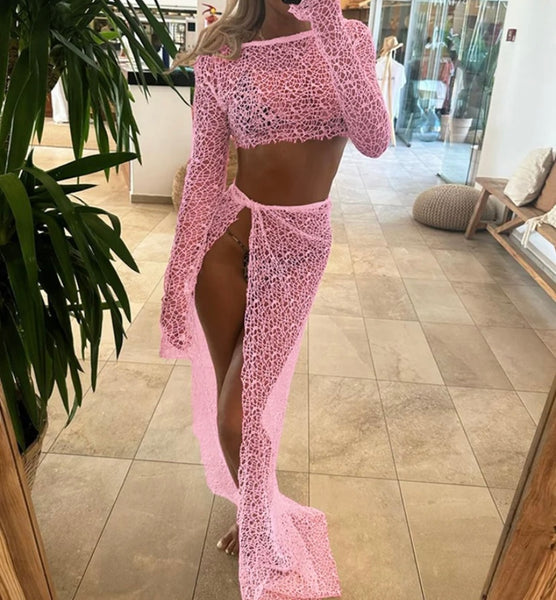 Women Sexy See Through Lace Full Sleeve Two Piece Beachwear Cover Up