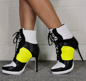 Women High Heel Color Patchwork Lace Up Ankle Boots