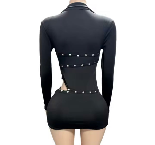 Women Sexy Collar Rivet Cut Out Full Sleeve Dress