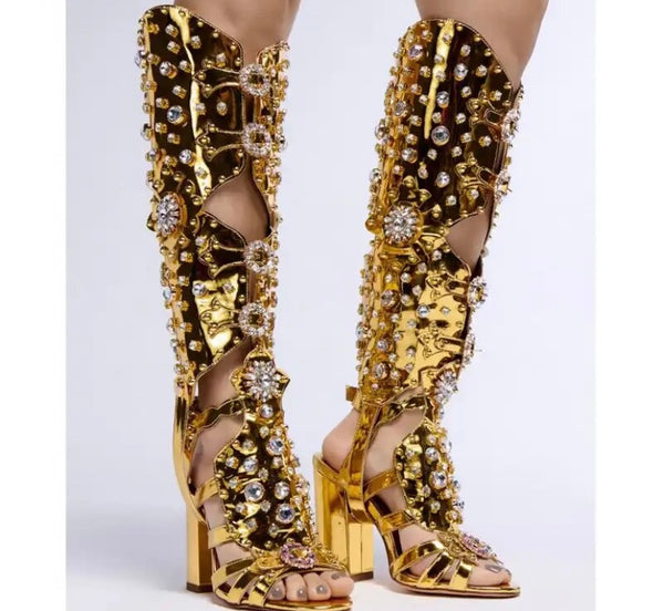 Women Fashion Open Toe Gold Rhinestone Detachable Boots