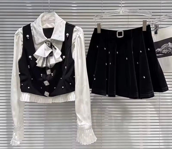 Women B&W Ruffled Full Sleeve Suede Rhinestone Three Piece Skirt Set