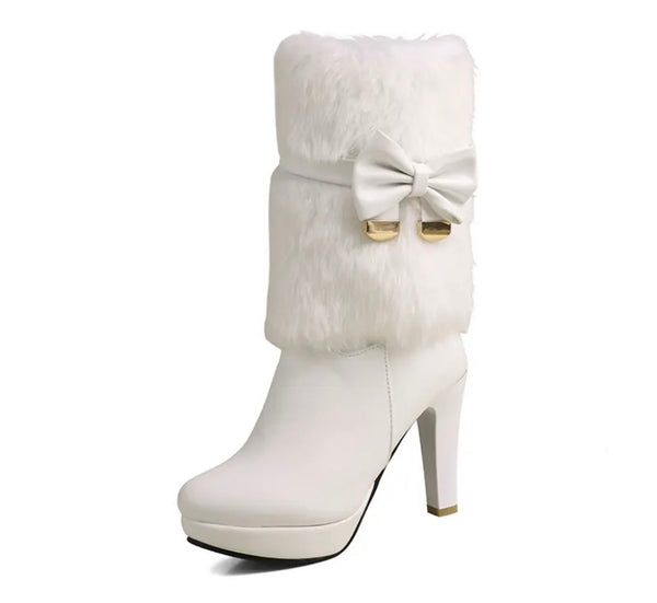 Women Fashion Fur Faux Leather Bow Ankle Boots