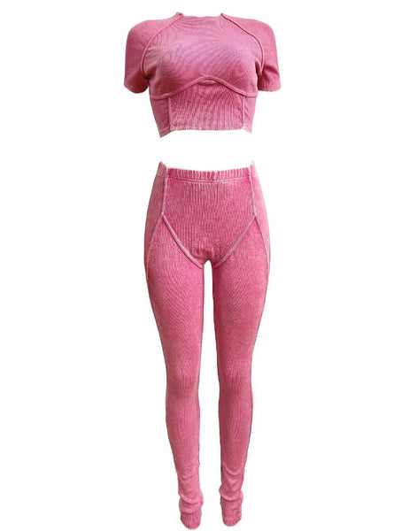 Women Fashion Ribbed Short Sleeve Two Piece Pant Set