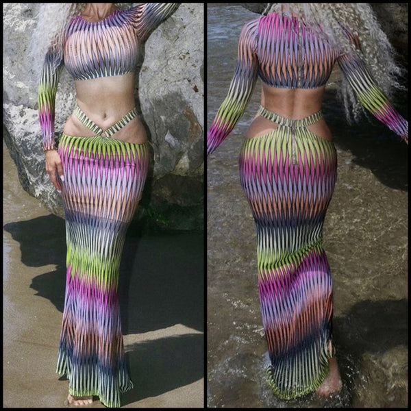 Women Sexy Full Sleeve Multicolored Two Piece Maxi Skirt Set